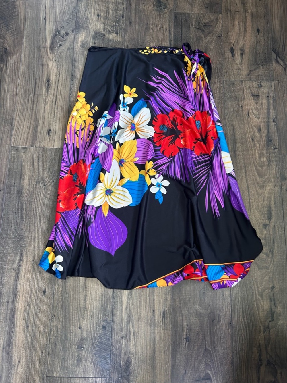 Tropical Floral Black Wrap Skirt with Bold Red & Purple Blooms